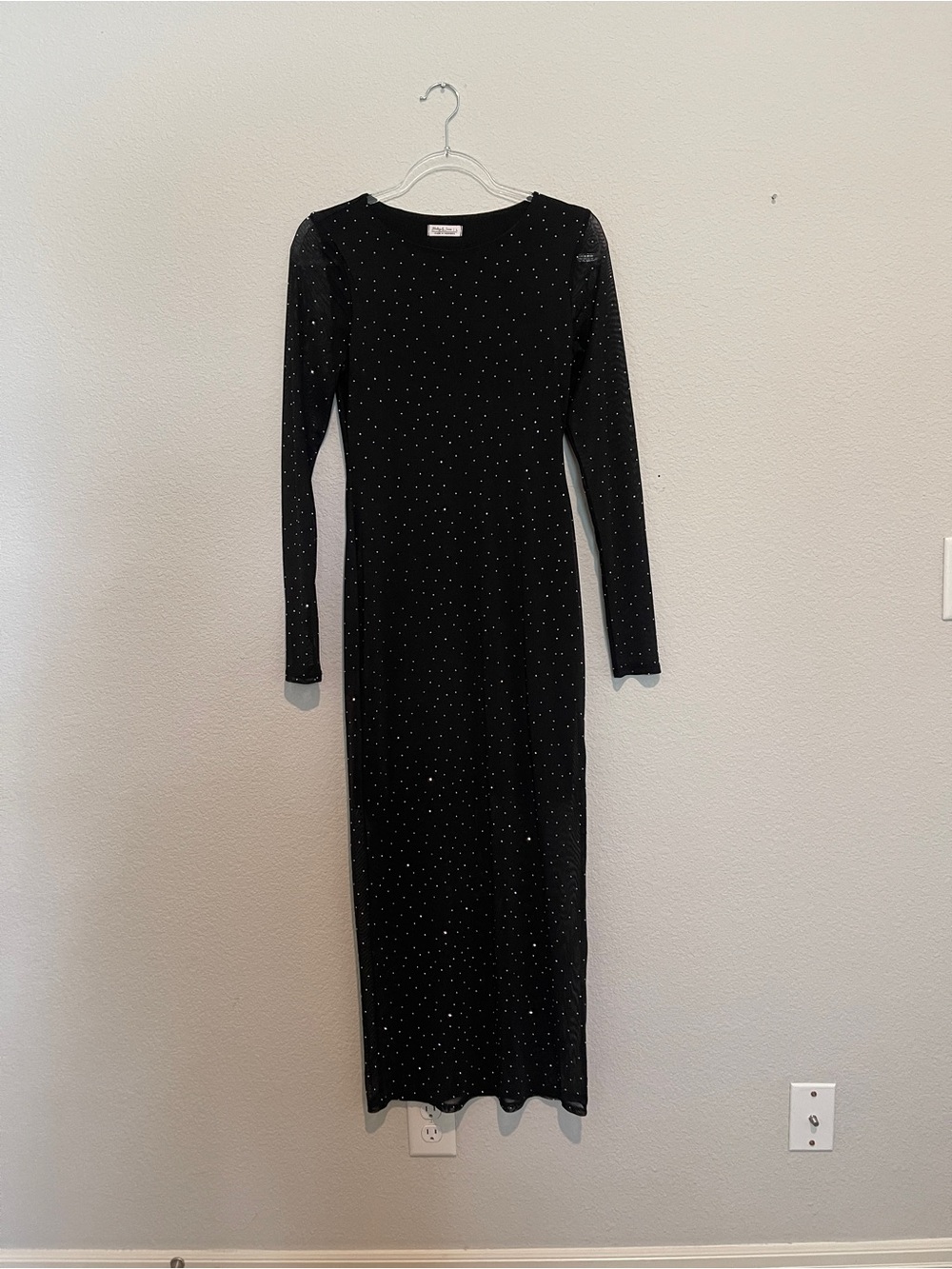 Black Long Sleeve Midi Dress with Metallic Dot Detail